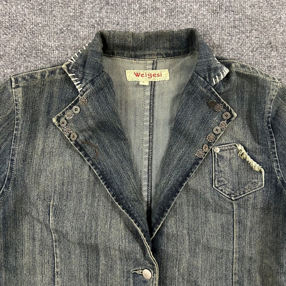 Weigesi Denim Blazer Womens Size L Blue Faded Embellished Whipstitch Y2K Jacket
